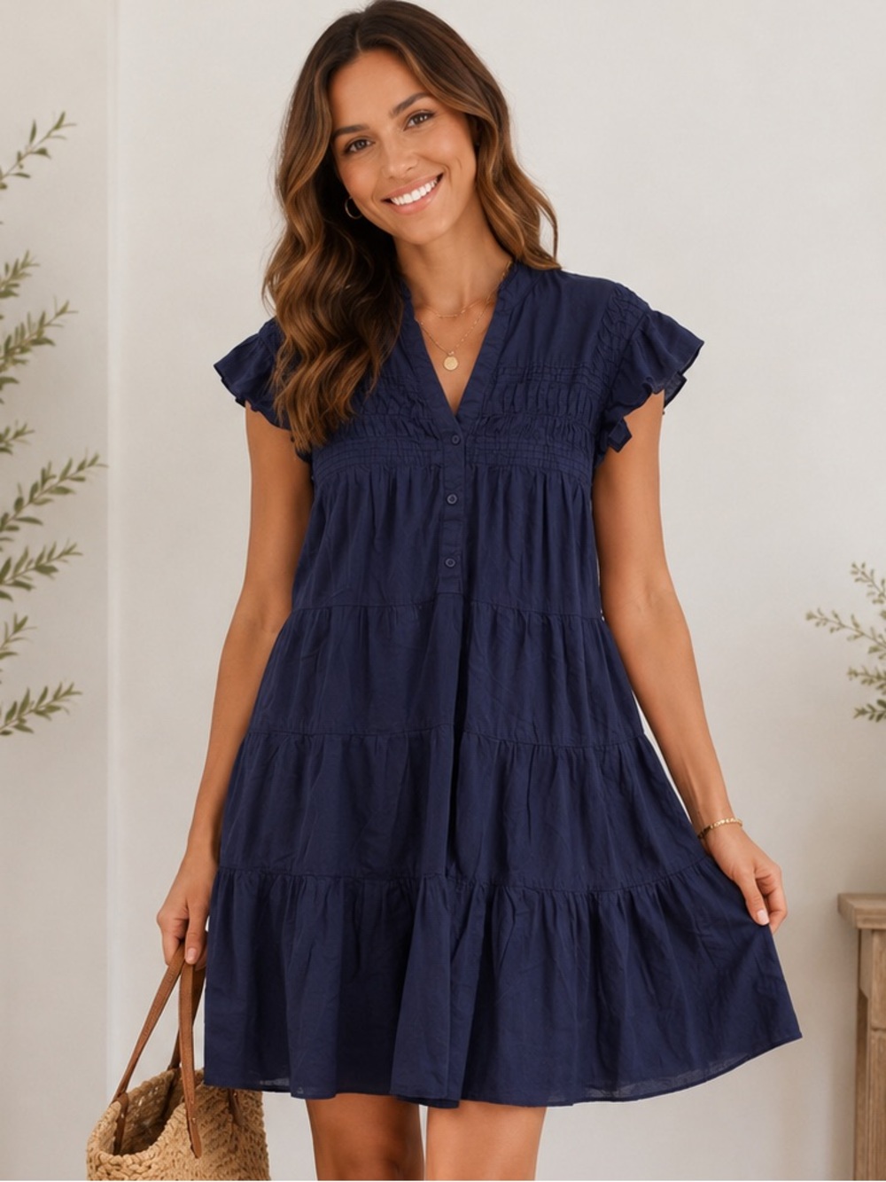 Boston Proper Navy Tiered Button-Front Summer Dress